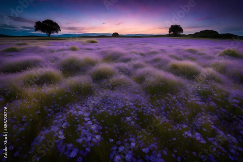 A flat grassland at dusk, with wildflowers scattered about and a gradient of purple and blue in the sky above.