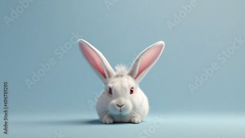 Cute white rabbit on a blue background. Copy space. © Юлия Васильева