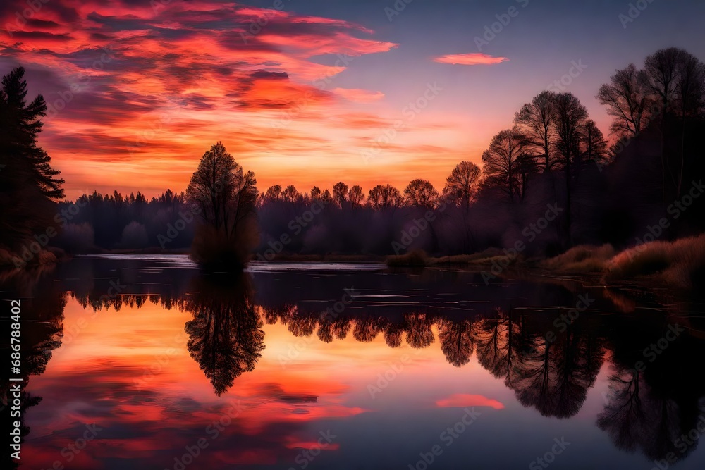 Twilight over a calm river, with the water reflecting the colors of a vibrant sunset sky.