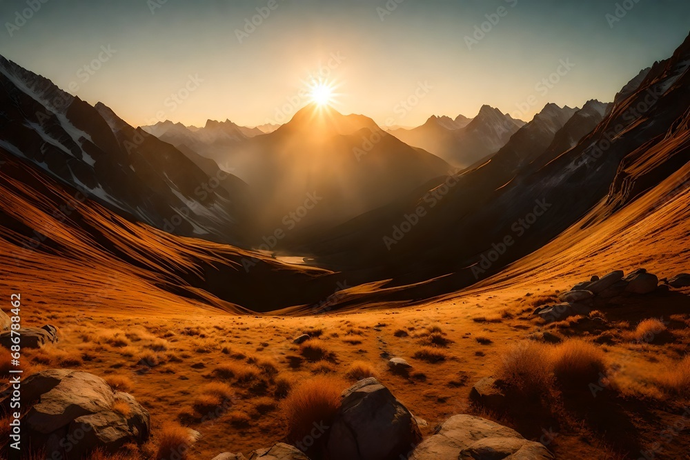 Sunrise over a mountain valley, with golden light spilling onto the peaks and casting long shadows.