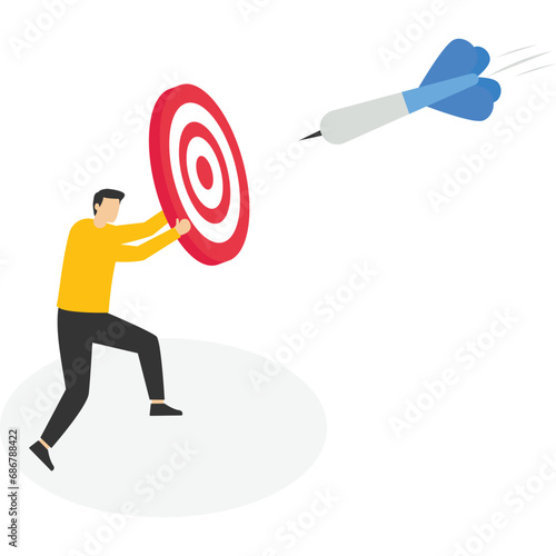 Businessman working, big target with arrows. Internal marketing, corporate goal promotion, businessman holding target concept. determining company targets, leadership, success, online education

