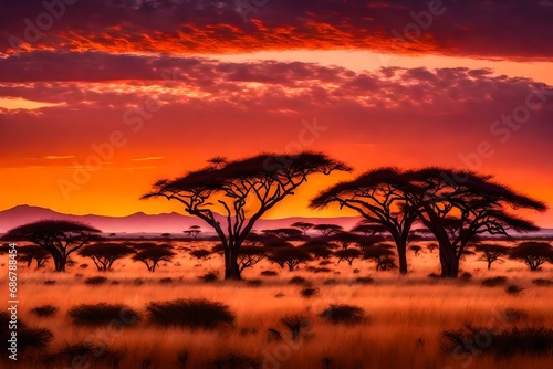 Twilight over a vast, flat savanna, with acacia trees silhouetted against a fiery orange and purple sky.
