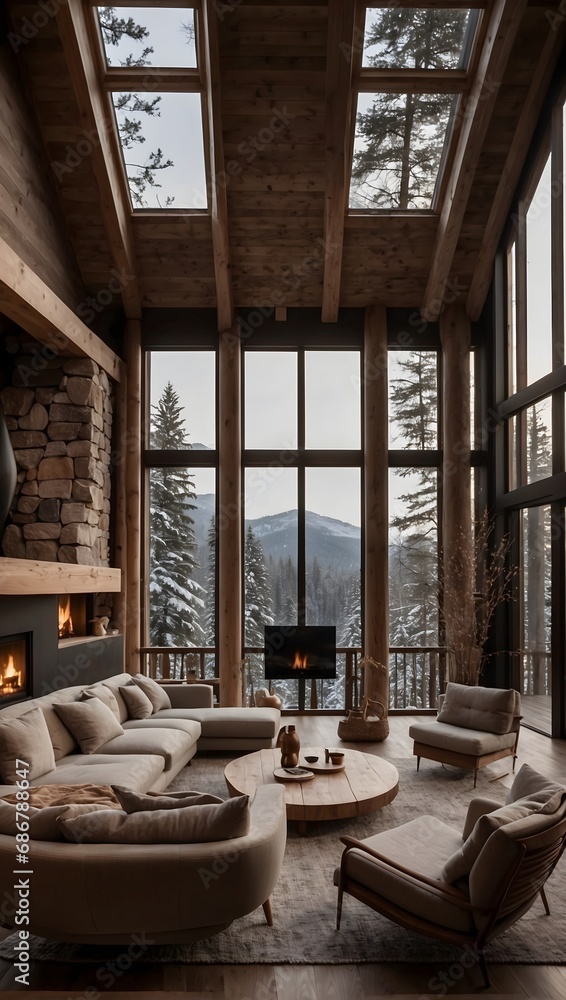 room with a stone fireplace