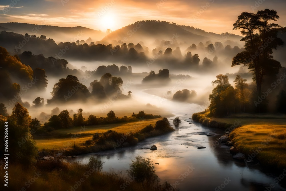 Early morning mist rising from a river as it gently winds through a peaceful valley.