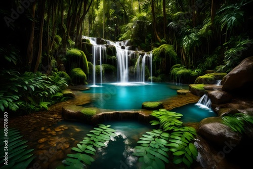 A majestic waterfall cascading into a crystal-clear pool surrounded by lush foliage.