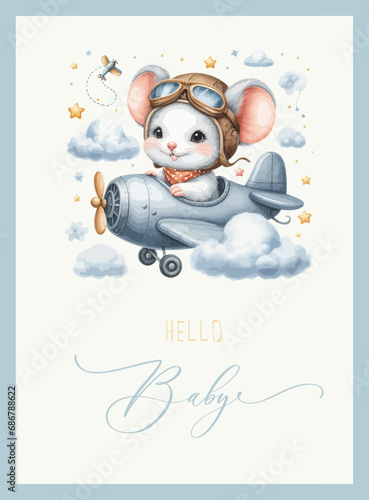 Cute baby shower watercolor invitation card with rabbit pilot on an airplane. Hello baby calligraphy.