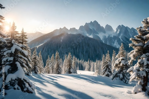 A tranquil mountain scene in winter, with snow blanketing the ground and pine trees.