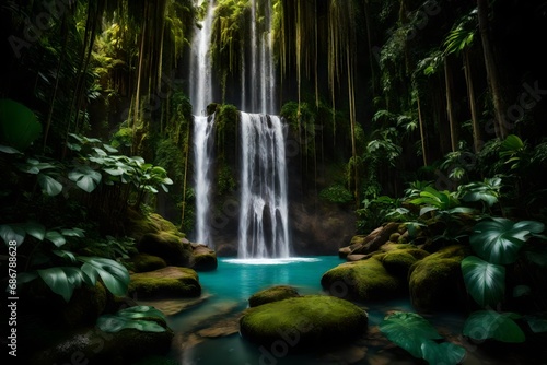 A towering waterfall plunging into a secluded pool surrounded by verdant tropical foliage.