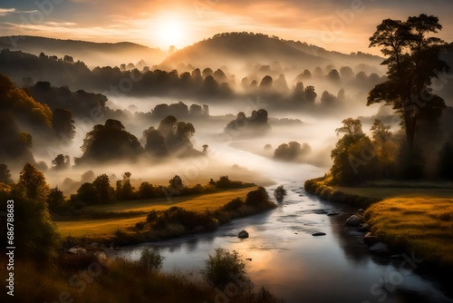 Early morning mist rising from a river as it gently winds through a peaceful valley.