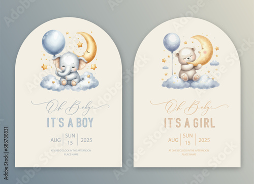 Cute baby shower watercolor arch invitation card with bear and elephant pilot on an airplane. Hello baby calligraphy.