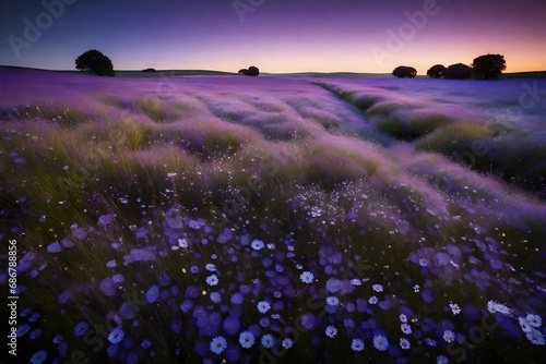 A flat grassland at dusk, with wildflowers scattered about and a gradient of purple and blue in the sky above.