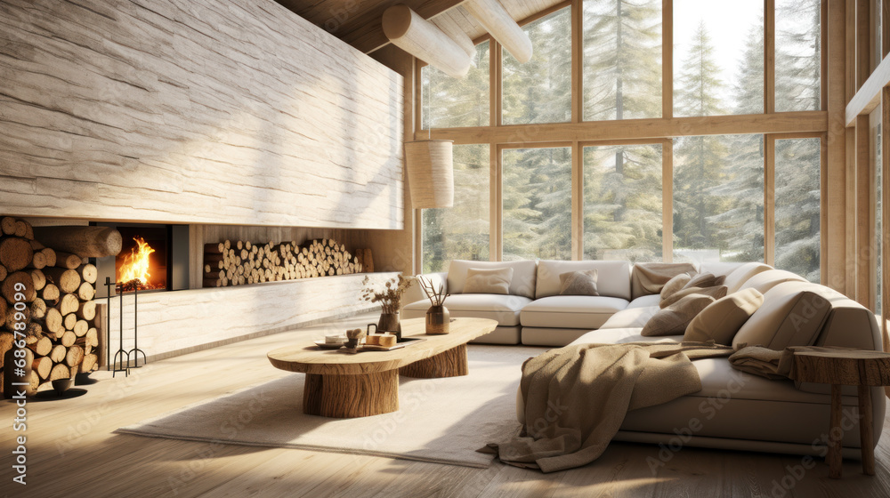 The interior of a cozy modern ecolodge neutral living room with white walls, in the style of textured interiors