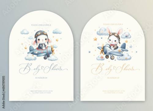 Cute baby shower watercolor invitation card with rabbit pilot on an airplane. Hello baby calligraphy.