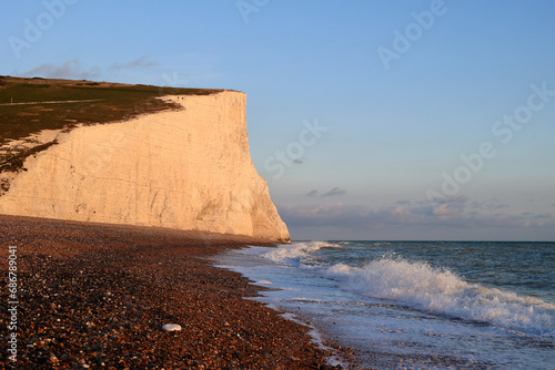 Landscape of Seven Sisters cliffs in South Downs National Park on English coast.  photo