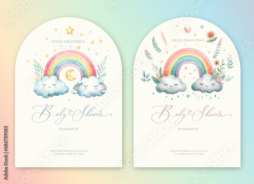 Cute baby shower watercolor invitation card with rainbow and cloud. Hello baby calligraphy.