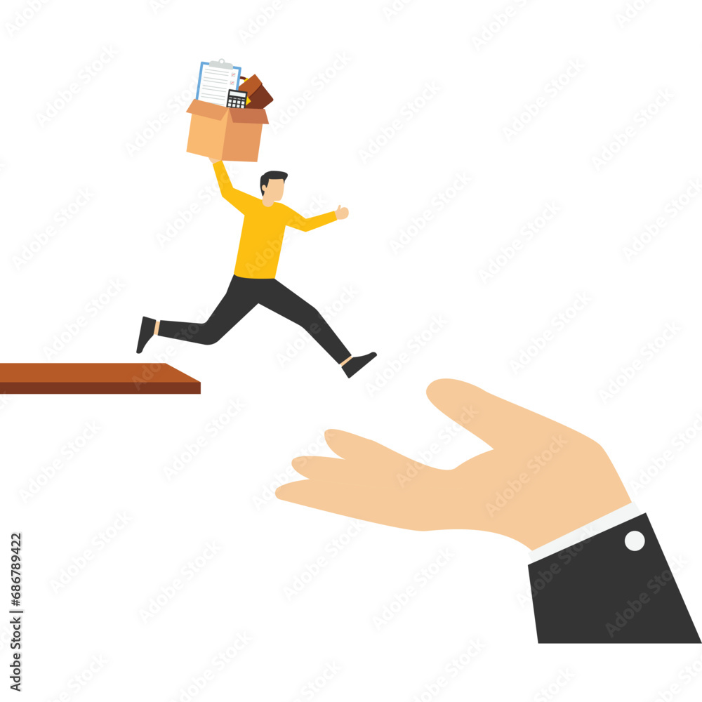Concept Change job, leave the company for a new career opportunity, confident brave businessman carrying stuff running away jumping from cliff to help giant hand, the decision to change employer conce Concept Change job, leave the company for a new career opportunity, confident brave businessman carrying stuff running away jumping from cliff to help giant hand, the decision to change employer conce