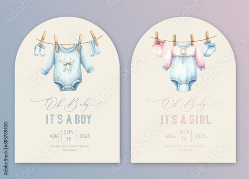 Cute baby shower watercolor arch invitation card with newborn clothes. Hello baby calligraphy.