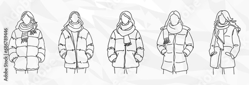 Fünf Lineart-Zeichnungen von gesichtslosen Frauen in Winterjacke und Schal | Vektor Grafik Bundle