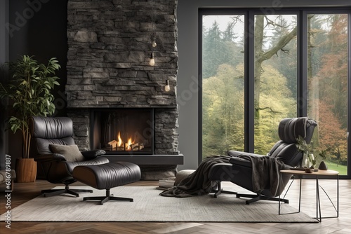 Mid-Century Scandinavian Living Room with Recliner Chairs, Stone Wall, and Fireplace photo