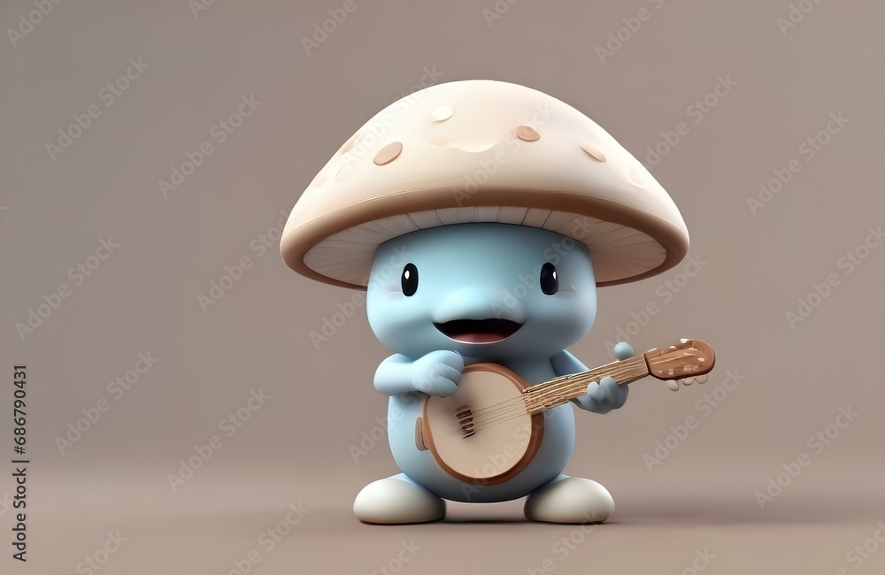 Charming 3D Kawaii Minimalist A Simple Mushroom Character Strumming a Banjo