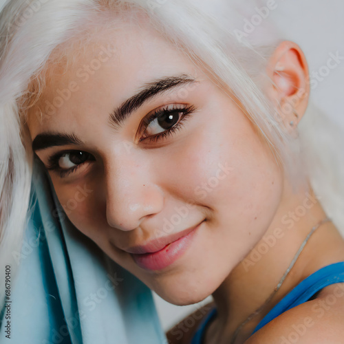 young woman with white hair with colorful gradient and makeup wrapping herself with scarf, fashion concept, skin care, makeup, body positive