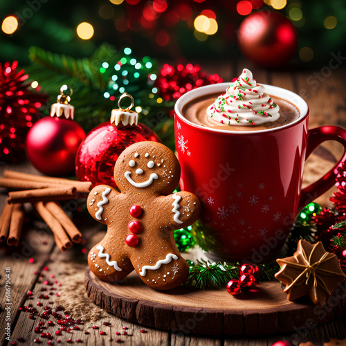 Christmas gingerbread cookies and hot chocolate shot on rustic wooden table. Red, green and gold. 