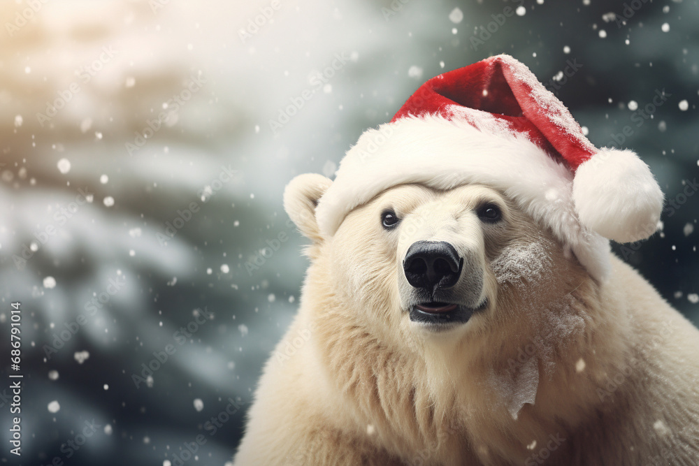 Experience winter with a delightful scene of a bear wearing a Santa hat while snowing. Ai generated Experience winter with a delightful scene of a bear wearing a Santa hat while snowing. Ai generated
