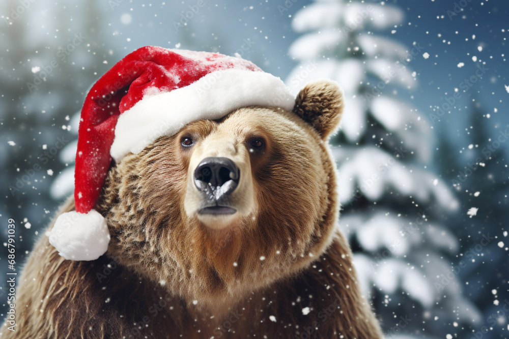 Experience winter with a delightful scene of a bear wearing a Santa hat while snowing. Ai generated Experience winter with a delightful scene of a bear wearing a Santa hat while snowing. Ai generated