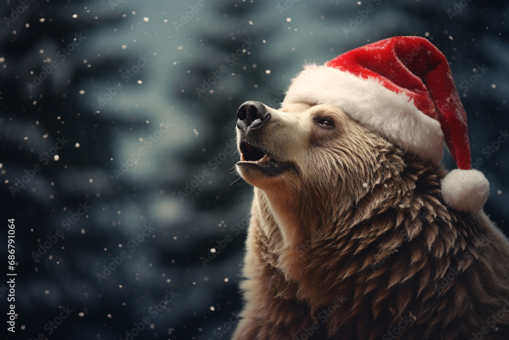Experience winter with a delightful scene of a bear wearing a Santa hat
