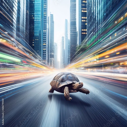 Turtle on the road in the city. Ai generated.