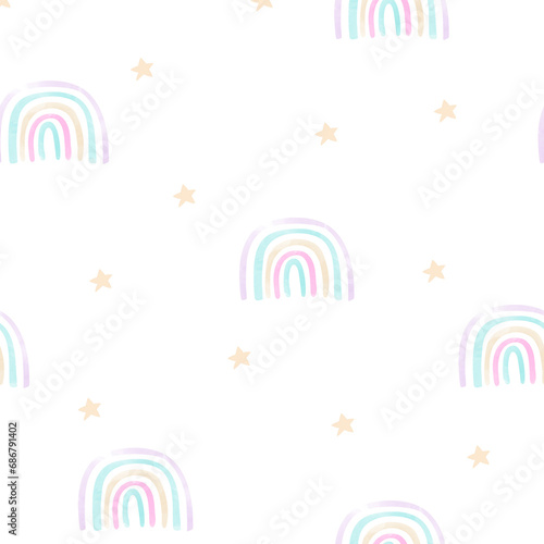 Nice baby neutral bohemian rainbows seamless pattern. Trend rainbows surface. Boho rainbows for baby shower invitations, cards, nursery room, posters, fabric.