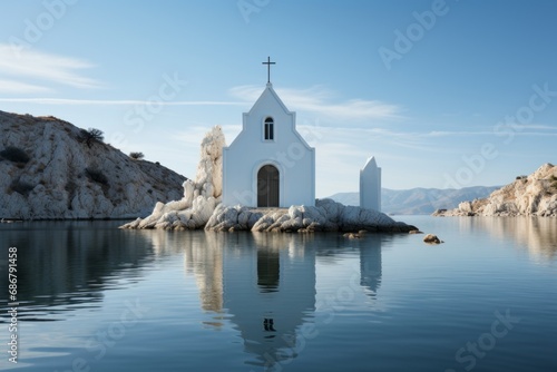 Photography of a white and blue church on a rock in the middle of the sea.