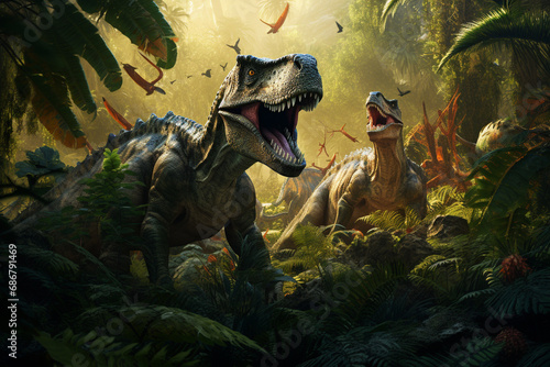 Step into the past with this imaginative illustration depicting dinosaurs thriving in a lush prehistoric Jurassic jungle. Ai generated