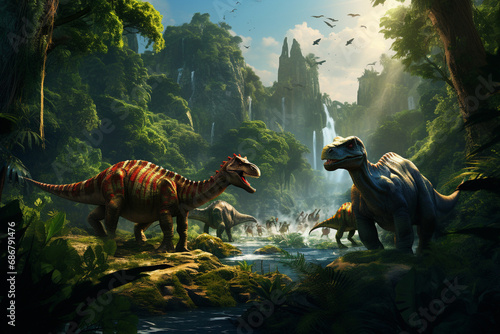 Step into the past with this imaginative illustration depicting dinosaurs thriving in a lush prehistoric Jurassic jungle. Ai generated © dragomirescu
