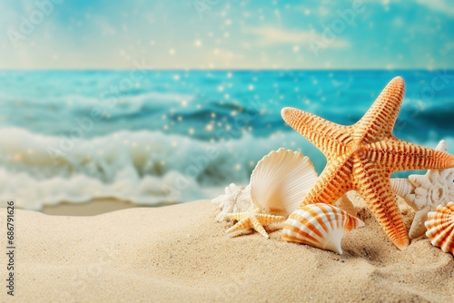 Starfish and seashells on the sea beach