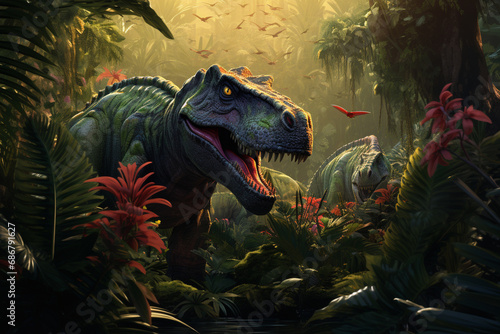 Step into the past with this imaginative illustration depicting dinosaurs thriving in a lush prehistoric Jurassic jungle. Ai generated © dragomirescu