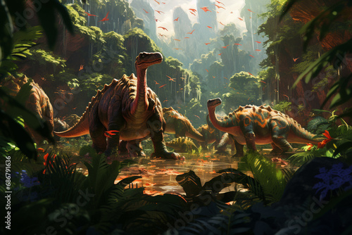 Step into the past with this imaginative illustration depicting dinosaurs thriving in a lush prehistoric Jurassic jungle. Ai generated