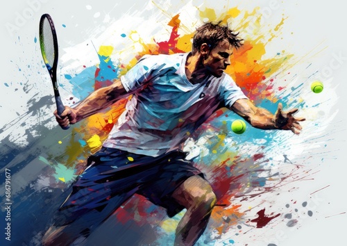 a tennis player hiting a ball from a colorful paint splash Generative Ai © SKIMP Art