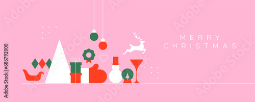 Merry christmas modern geometric banner template. Abstract xmas holiday poster with winter decoration. Festive party invitation, minimalist december event greeting card.