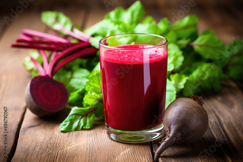 Red beet juice in a glass on a wooden background