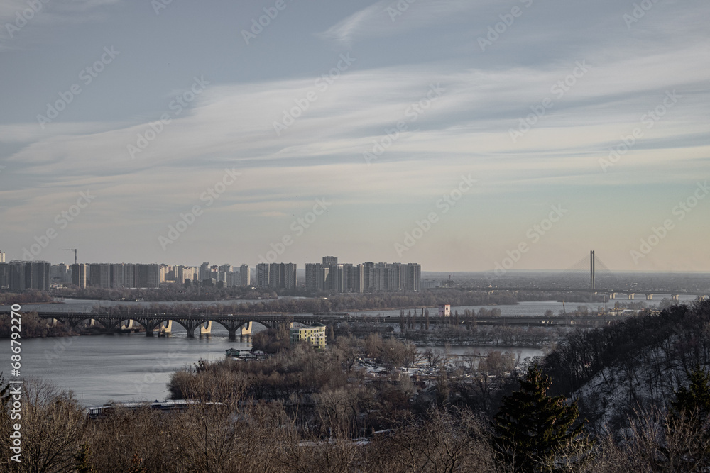 Kyiv, Ukraine. 30.11.2023: view of the left bank of Kyiv Kyiv, Ukraine. 30.11.2023: view of the left bank of Kyiv