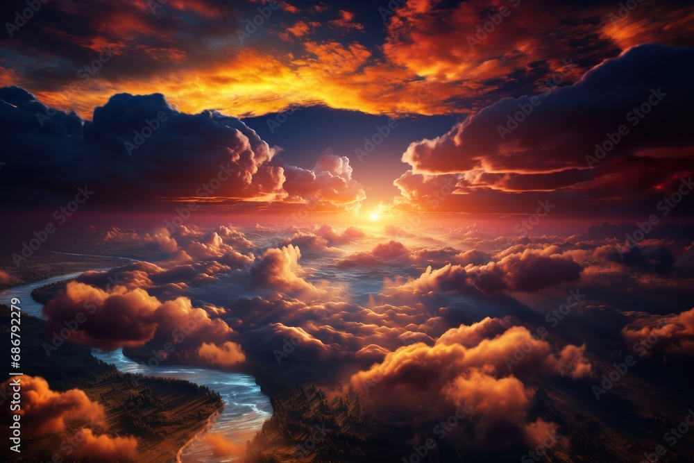 Aerial view of beautiful sunset above the clouds. Colorful sunset above the clouds. Cloudscape. Aerial view. Clouds. 3d illustration. 