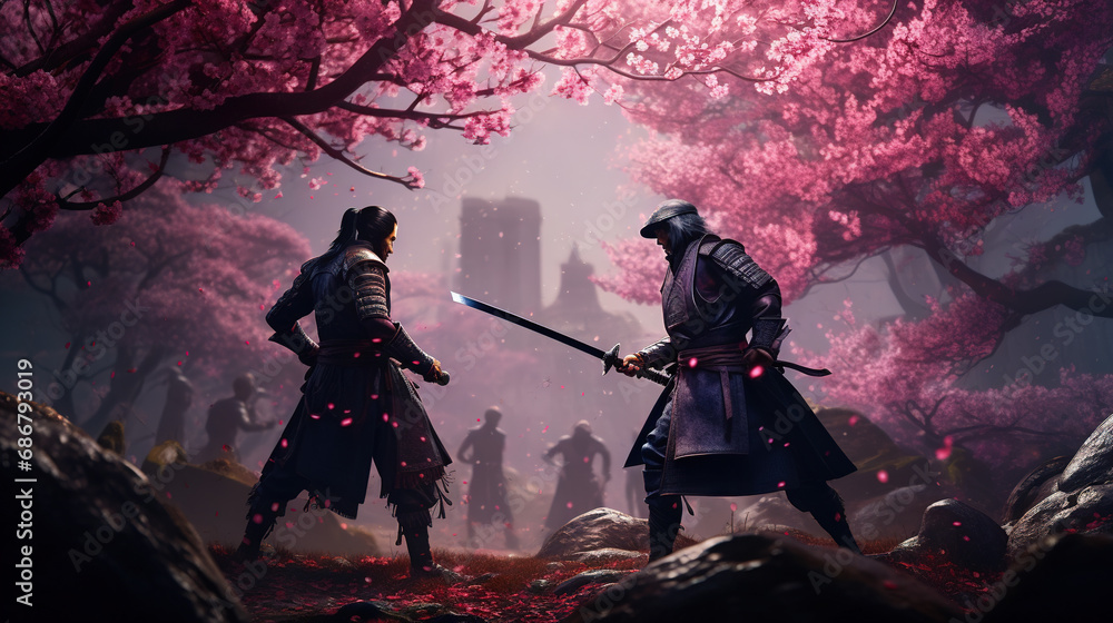 Naklejka premium Duel of samurai warriors with swords in the garden of sakura blossom