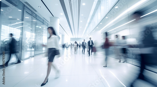 A busy office hallway with people walking in different directions, captured from a low angle. The motion of the people is blurred, and the room is lit with rows of fluorescent lights, ai generative © larrui