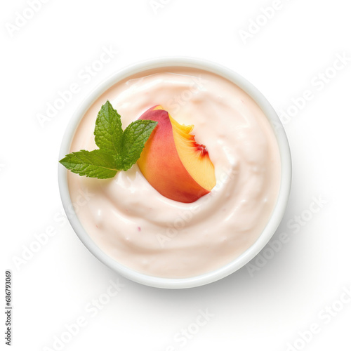 A Bowl of Peach Yogurt Isolated on a White Background