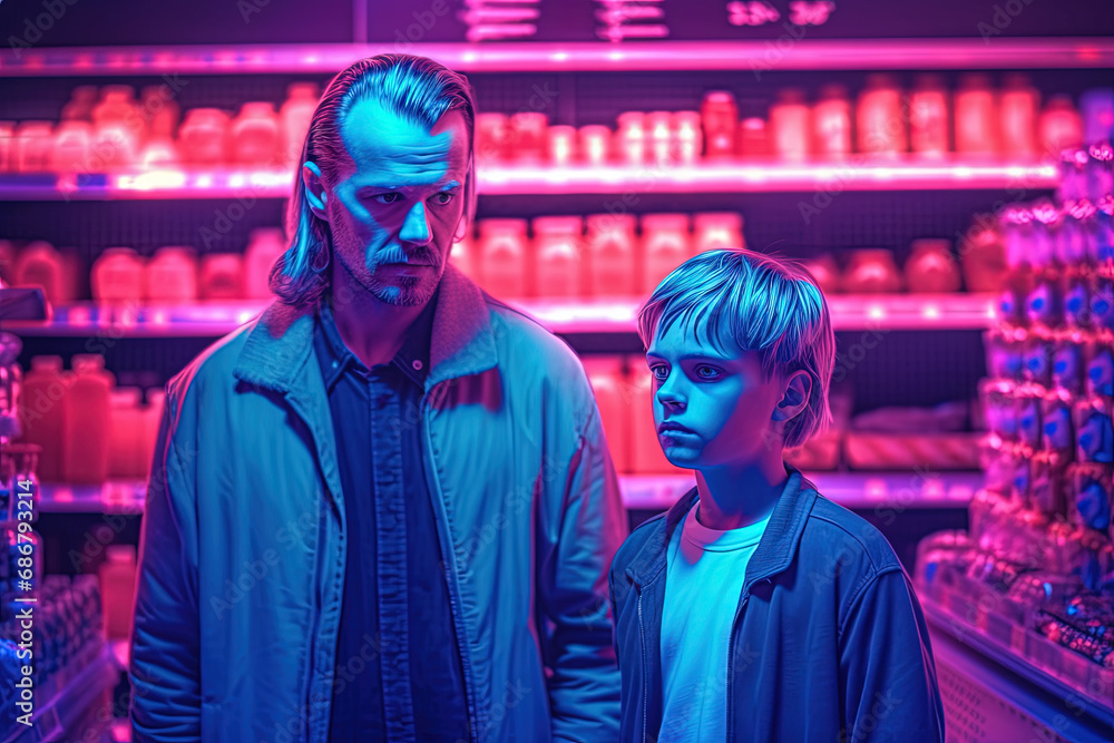 Family of father and son looking cool in 80s styled synthwave store. People in supermarket