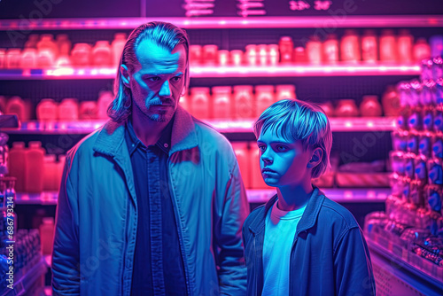 Family of father and son looking cool in 80s styled synthwave store. People in supermarket