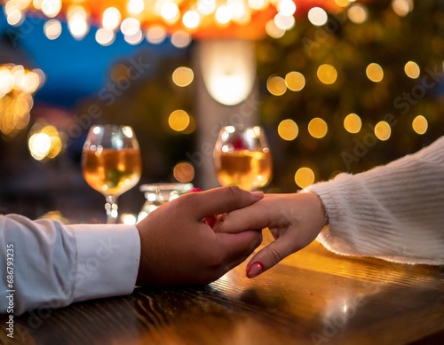 Two lovers drinking wine in a restaurant and they are holding each others hand