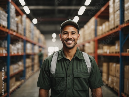 worker standing in warehouse A retail warehouse full of shelves with goods in cartons, pallets and forklifts. Logistics and transportation blurred the background. Product distribution center.