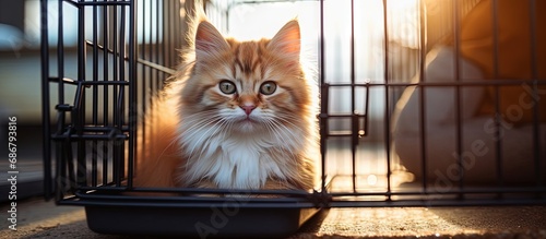 Gorgeous feline enclosed in portable cage excellent image Copy space image Place for adding text or design